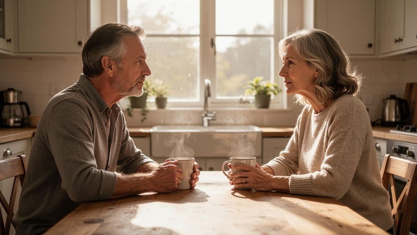 Middle-aged couple sitting face-to-face at a kitchen table in warm morning sunlight, engaged in a relaxed honest conversation while holding coffee mugs with open body language.