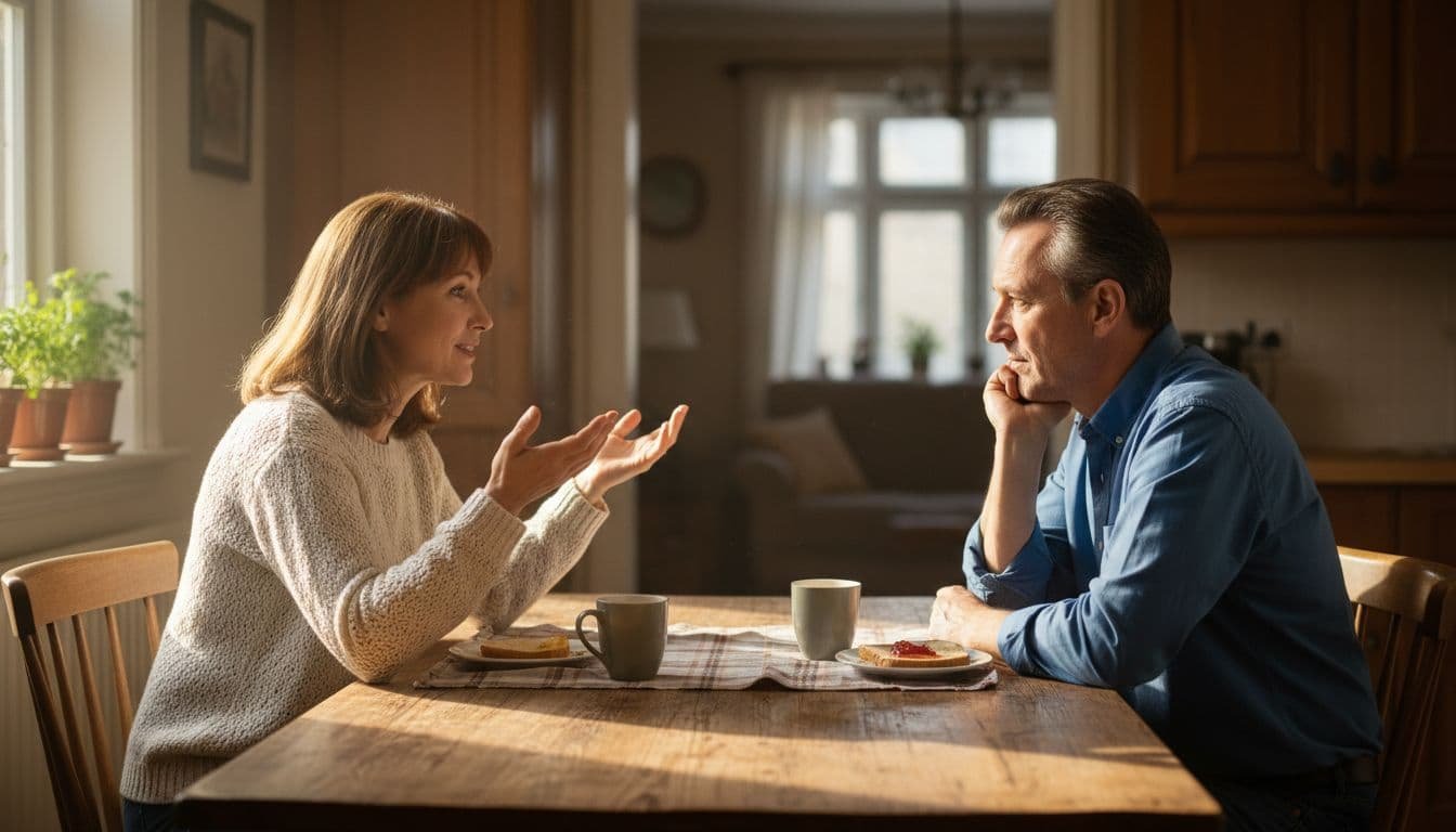 Realistic photo of a middle-aged couple sitting at a kitchen table in soft morning light, facing each other with open postures, gently gesturing and listening attentively in a warm home setting.