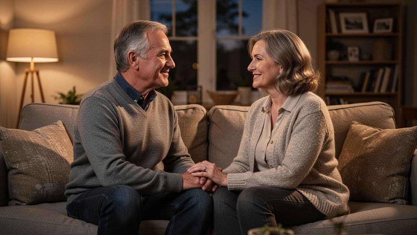 A middle-aged couple sits face-to-face closely on a couch in a warm inviting living room during evening, engaged in deep conversation with eye contact, gentle smiles, and hands lightly touching, expressing emotional connection. Realistic photograph style with soft warm lighting, exactly two people.