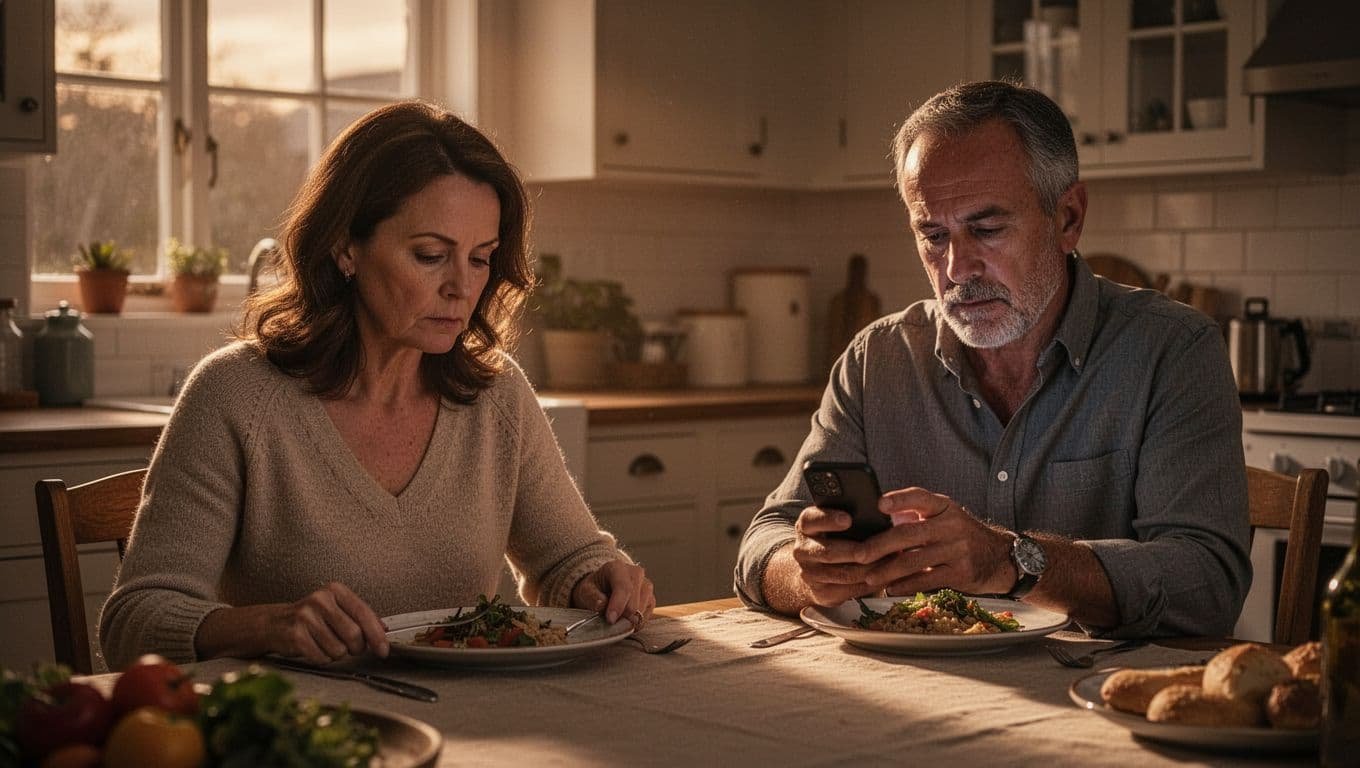 Middle-aged couple at kitchen dinner table; wife gazes distantly at plate, husband scrolls phone obliviously in warm evening light.