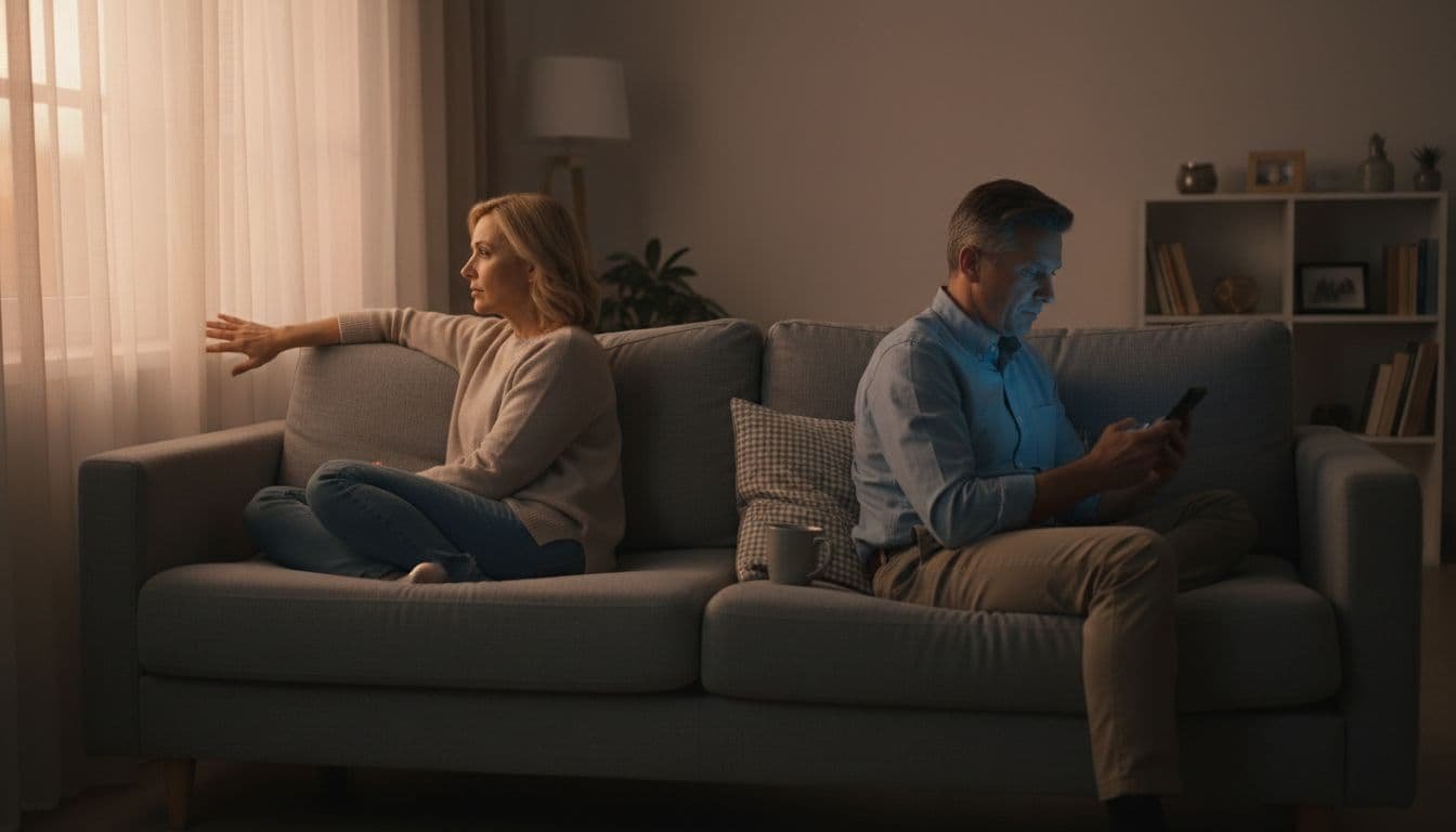 Realistic photo of a middle-aged couple sitting on opposite ends of a living room couch, facing away from each other with subtle expressions of emotional distance and quiet disconnection. One looks at a phone, the other at the window in dim evening light, no eye contact.