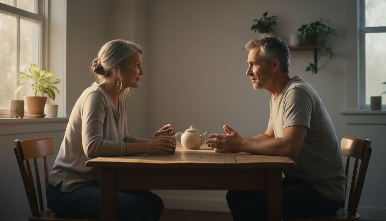 Realistic depiction of a middle-aged couple calmly talking face-to-face at a kitchen table with empathetic expressions and relaxed hands, in warm afternoon light, focusing on repairing emotional wounds.
