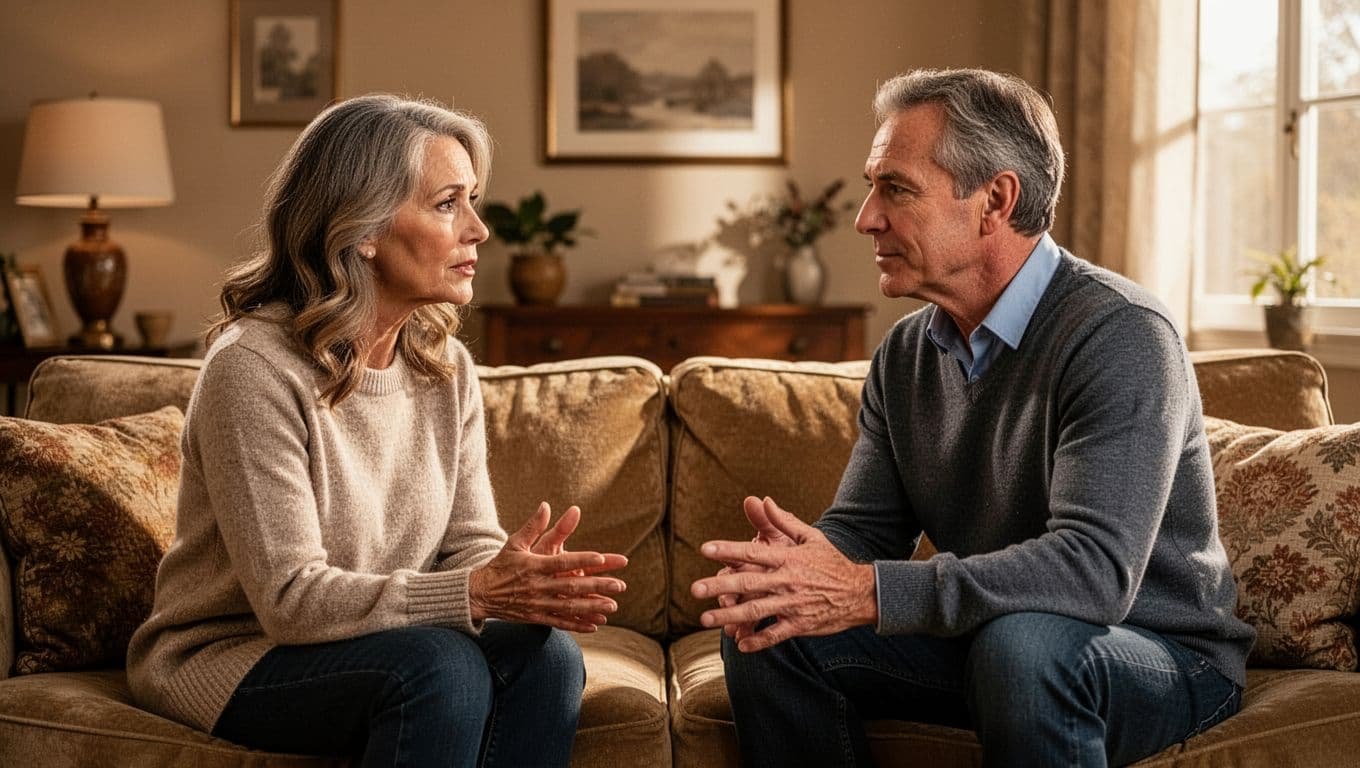 Middle-aged couple in a cozy living room with warm lighting, sitting face-to-face on a couch in an honest conversation; wife empathetic and appreciative, husband heard and confident; realistic high-detail photo of exactly two people.