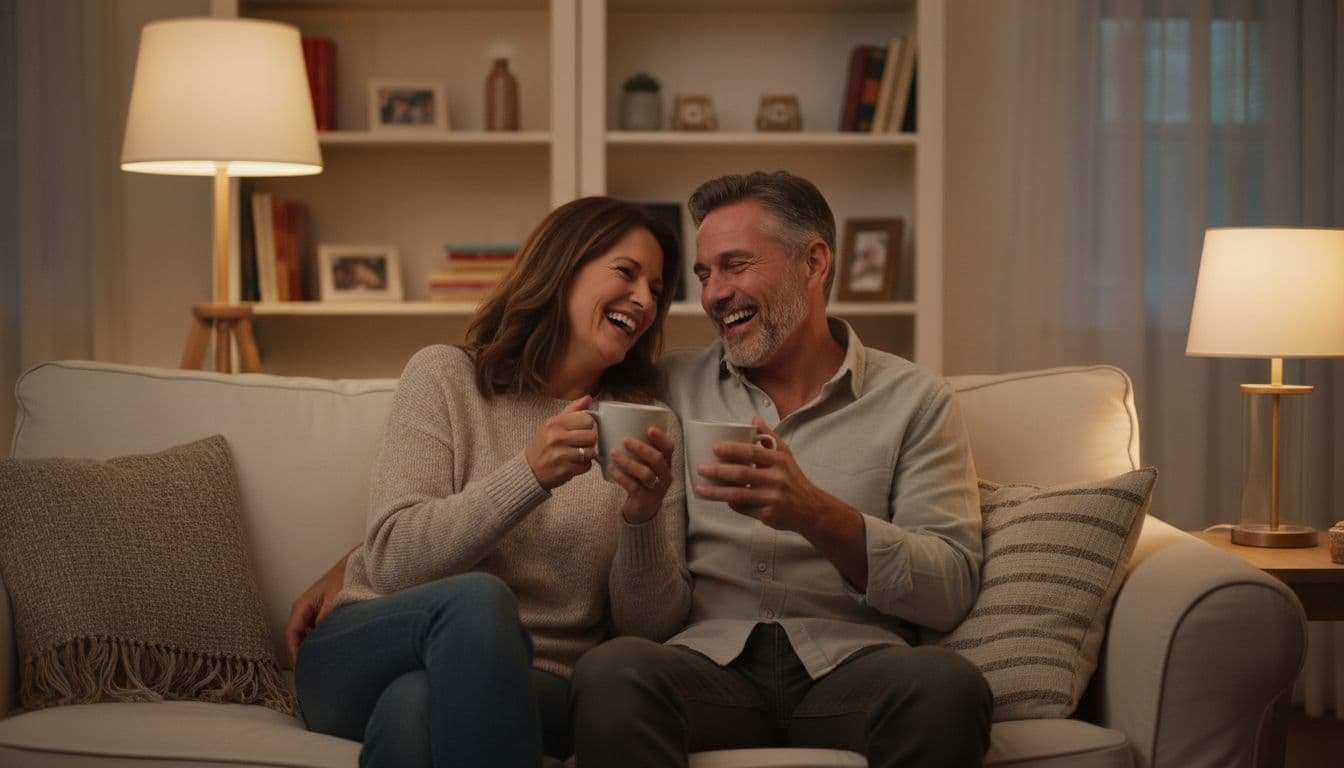 Realistic photo of a middle-aged couple sitting close on a couch during evening, sharing a laugh over coffee in a cozy living room with soft lamp light. Relaxed expressions, no phones or devices, exactly two people.