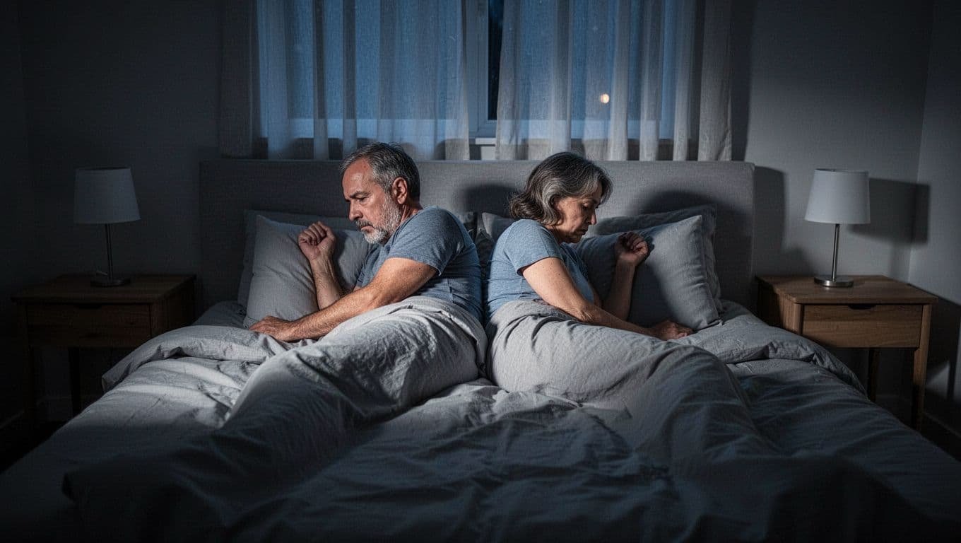 Middle-aged couple lying far apart on a large bed in a simply furnished bedroom at night, backs turned to each other with sad, lonely expressions and no physical contact, illuminated by soft moonlight.