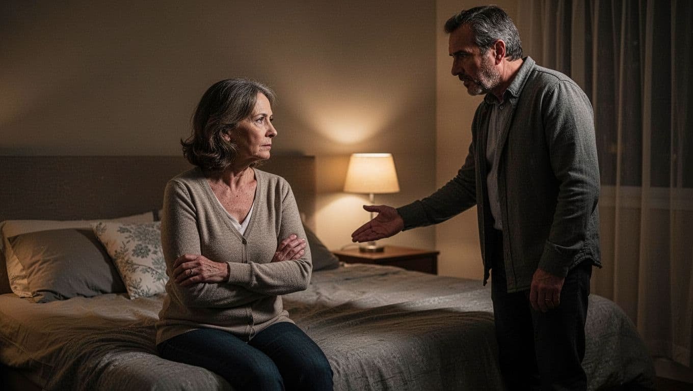 Middle-aged couple in dimly lit bedroom at night: wife on bed edge with crossed arms and cold expression, husband standing concerned and reaching out, illustrating resentment from unhealed hurts.