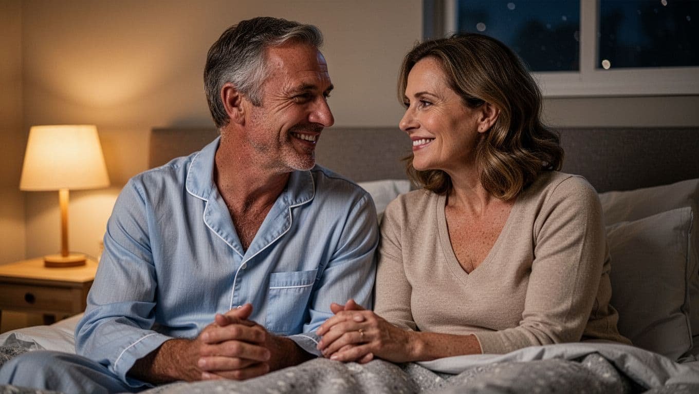 Middle-aged couple in cozy bedroom at night, husband fresh from shower in clean pajamas smiling attractively, wife gazing with renewed interest and smile, soft warm lighting, realistic photo.