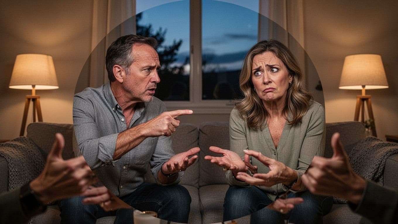 Middle-aged couple in cozy living room at dusk arguing over the same unresolved issue, frustrated expressions with one pointing defensively and the other rolling eyes, circular composition suggesting endless repetition, realistic style with warm lamp lighting.
