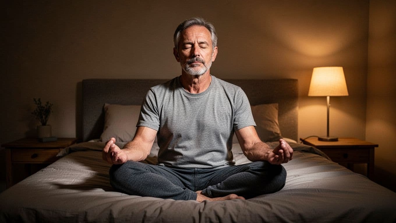 A middle-aged man sits cross-legged on a bed in a dimly lit bedroom, meditating peacefully with eyes closed and hands on knees in a relaxed posture under soft warm lamp light.
