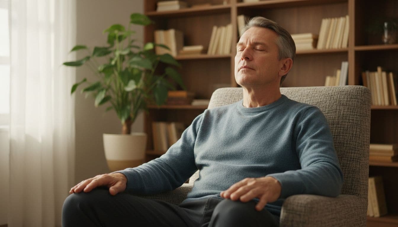 Realistic photo of a middle-aged man sitting calmly in a cozy living room armchair, taking a deep breath with eyes closed and hands on knees, soft light illuminating his serene face showing emotional self-control and maturity, simple background with bookshelves and plant.