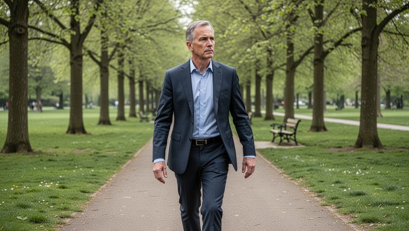A middle-aged professional walks briskly along a tree-lined park path during daytime, looking alert and focused with a thoughtful expression, hands relaxed at sides, surrounded by green grass and distant benches in soft natural daylight.