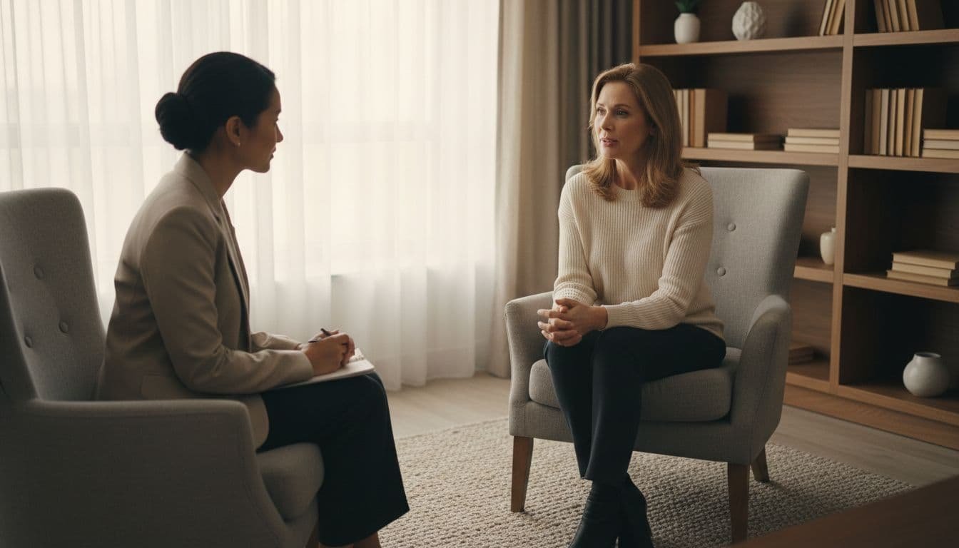 Realistic photo of a middle-aged woman sitting across from an attentive therapist in a comfortable office, discussing marriage emotional abuse recovery in a calm, professional setting with soft window light.