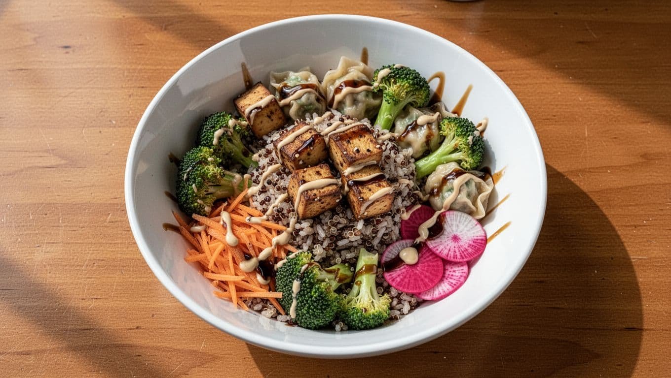 A vibrant top-down view of a customizable fusion bowl with quinoa and brown rice base, marinated tofu cubes, veggie dumplings, assorted vegetables like broccoli, carrots, and pickled radish, drizzled with tahini and soy sauce in a ceramic bowl on a wooden table.