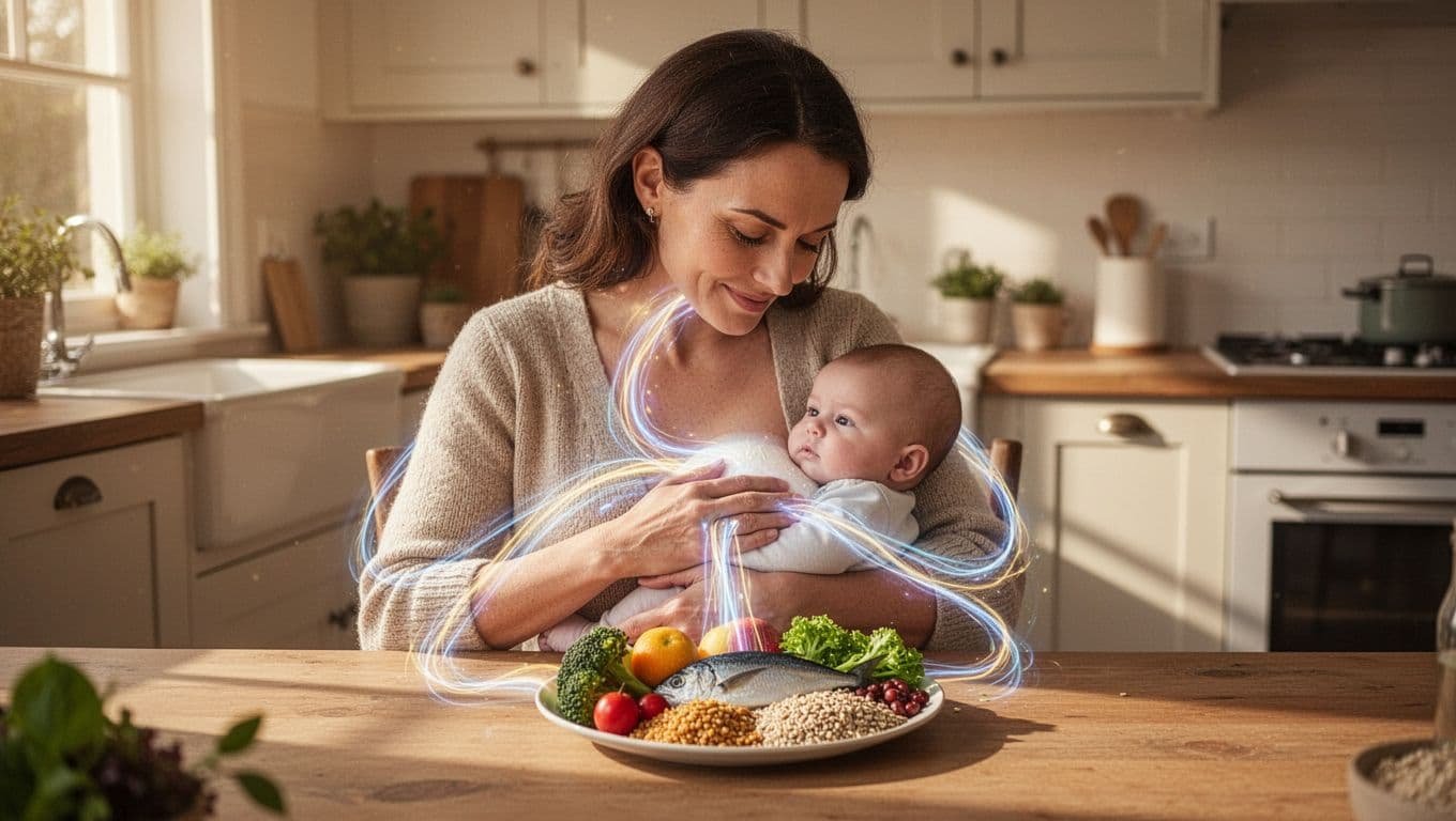 Cozy kitchen scene of a mother eating a colorful meal of fruits, vegetables, fish, and grains while nursing her baby, with glowing lines showing nutrients flowing from food through her body into breast milk and to the baby.
