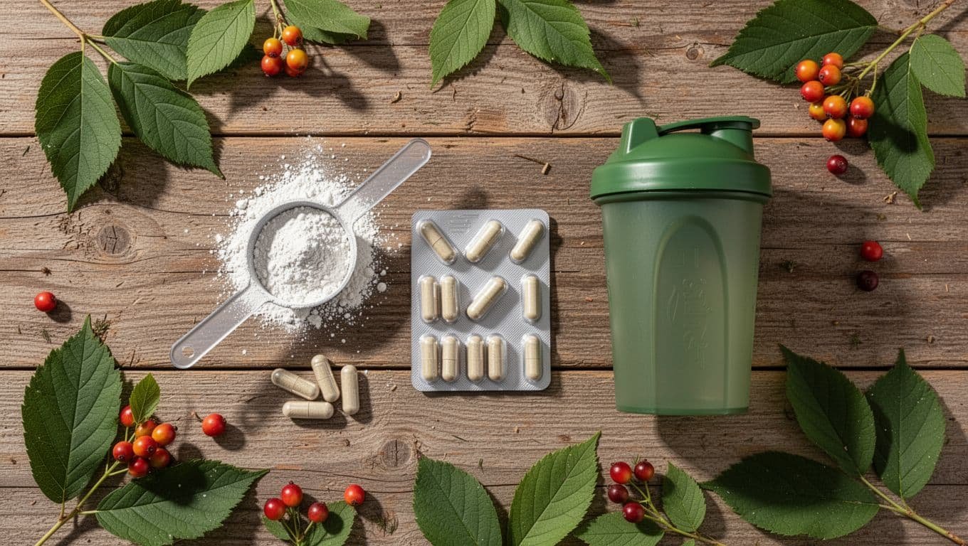 Top-down composition of natural supplement items like powder scoop, capsules, and shaker on a wooden surface with green leaves and berries nearby, in a clean minimalist style.