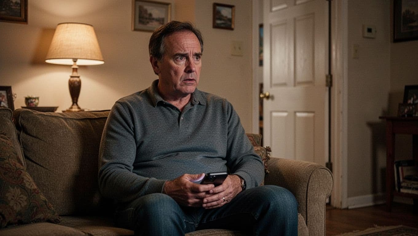 A middle-aged man sitting on a couch in a living room, holding his smartphone face down protectively with one hand, looking nervous toward the door in soft evening lamp light, realistic photo style.