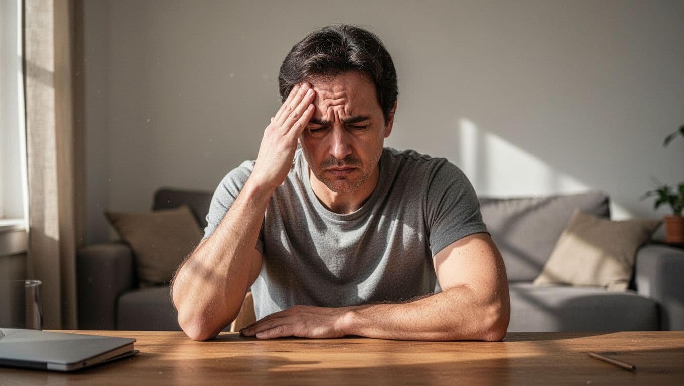 Person at living room desk with hand on forehead, tense shoulders, furrowed brow, and tired eyes.