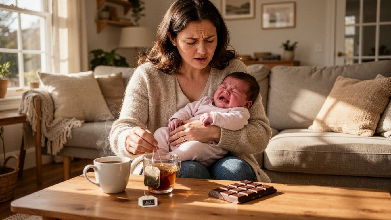 Photorealistic image of a new mother in a sunny living room holding her irritable, crying baby while setting down a coffee cup and tea bag on the table, with a nearby chocolate bar in a cozy home atmosphere.