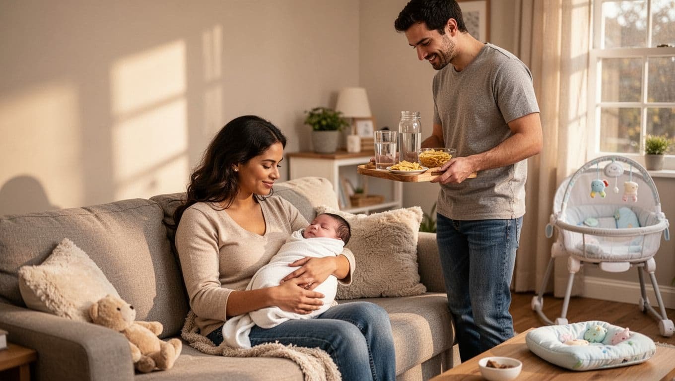 New mom on couch holds swaddled newborn as partner brings water and snacks nearby in cozy living room.