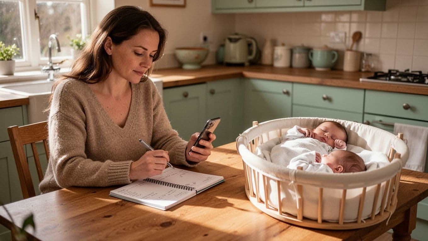 In a cozy kitchen, a new mother sits at the table using a smartphone or notebook to log her meals and baby's symptoms, with the baby sleeping peacefully in a nearby bassinet, bathed in warm natural light.