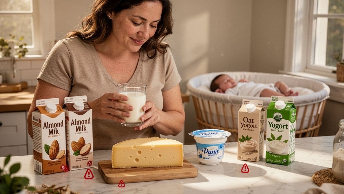 Realistic kitchen scene featuring a new mother examining dairy products like milk, cheese, and yogurt with subtle red warning marks, alongside plant-based alternatives such as almond milk and oat yogurt, while her happy relaxed baby sleeps in a bassinet in the background under warm natural light.