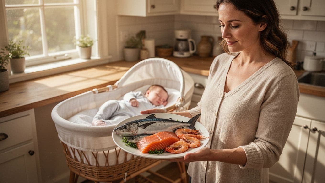 Photorealistic image of a thoughtful new mother in a cozy kitchen examining a plate of high-mercury fish like swordfish and shark next to safe options like salmon and shrimp, with her baby sleeping peacefully in a bassinet.