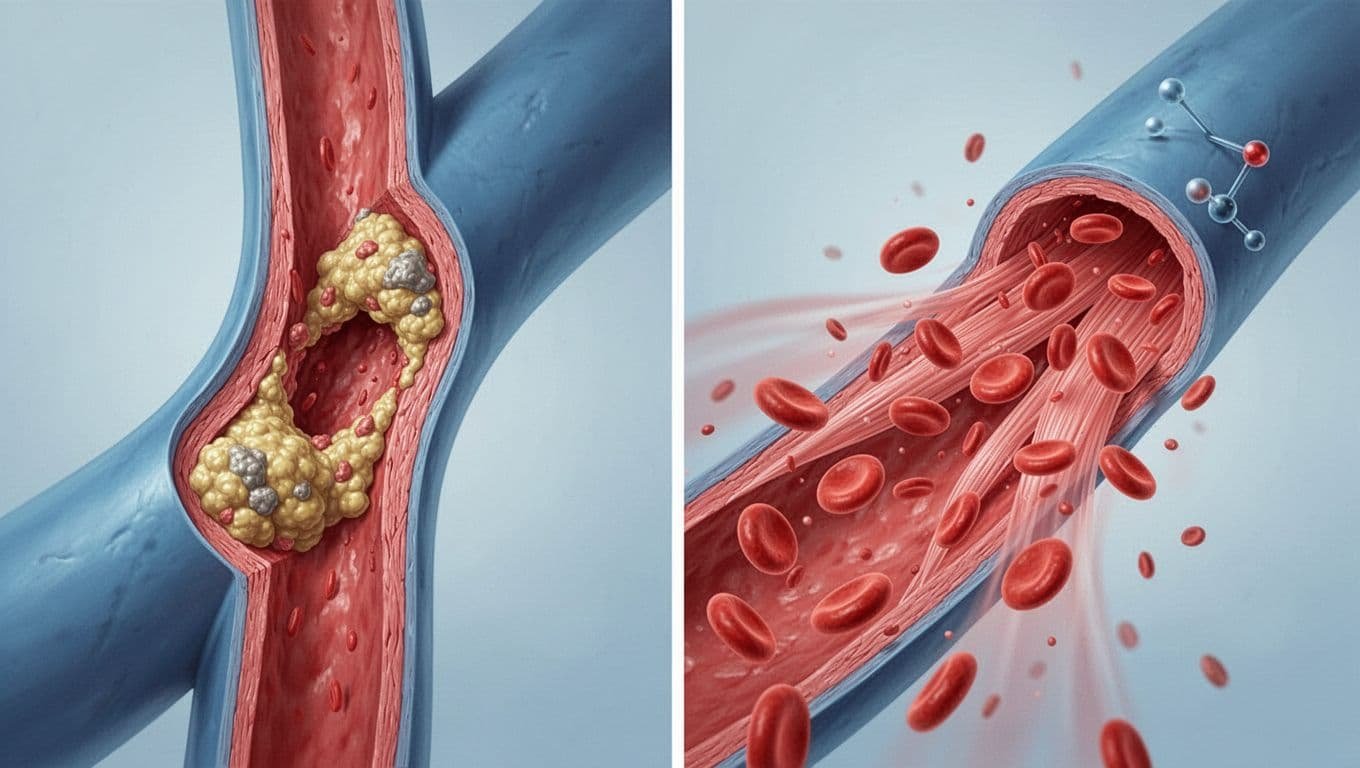 Scientific cross-section diagram showing before and after nitric oxide surge: narrow plaque-restricted vessel to penis versus wide-open relaxed vessel with free blood flow.