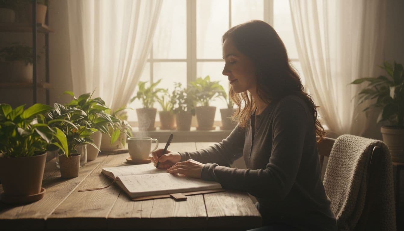 One person sits calmly at a wooden desk with an open journal, gently circling small positive notes and checkmarks with a pen, in a cozy room filled with plants and bathed in soft morning light through sheer curtains.