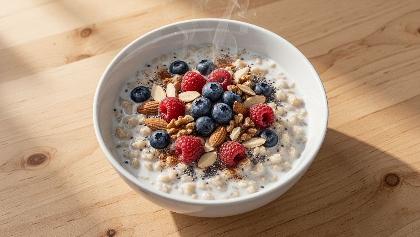 White bowl of steel-cut oats topped with mixed berries, chopped almonds, walnuts, chia seeds, and cinnamon on wooden table.