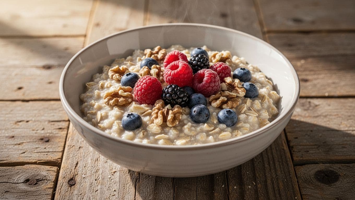 A single bowl of oatmeal topped with fresh berries and chopped walnuts on a wooden table, captured in natural morning light with realistic high-detail food photography. No people, text, or extra items present.