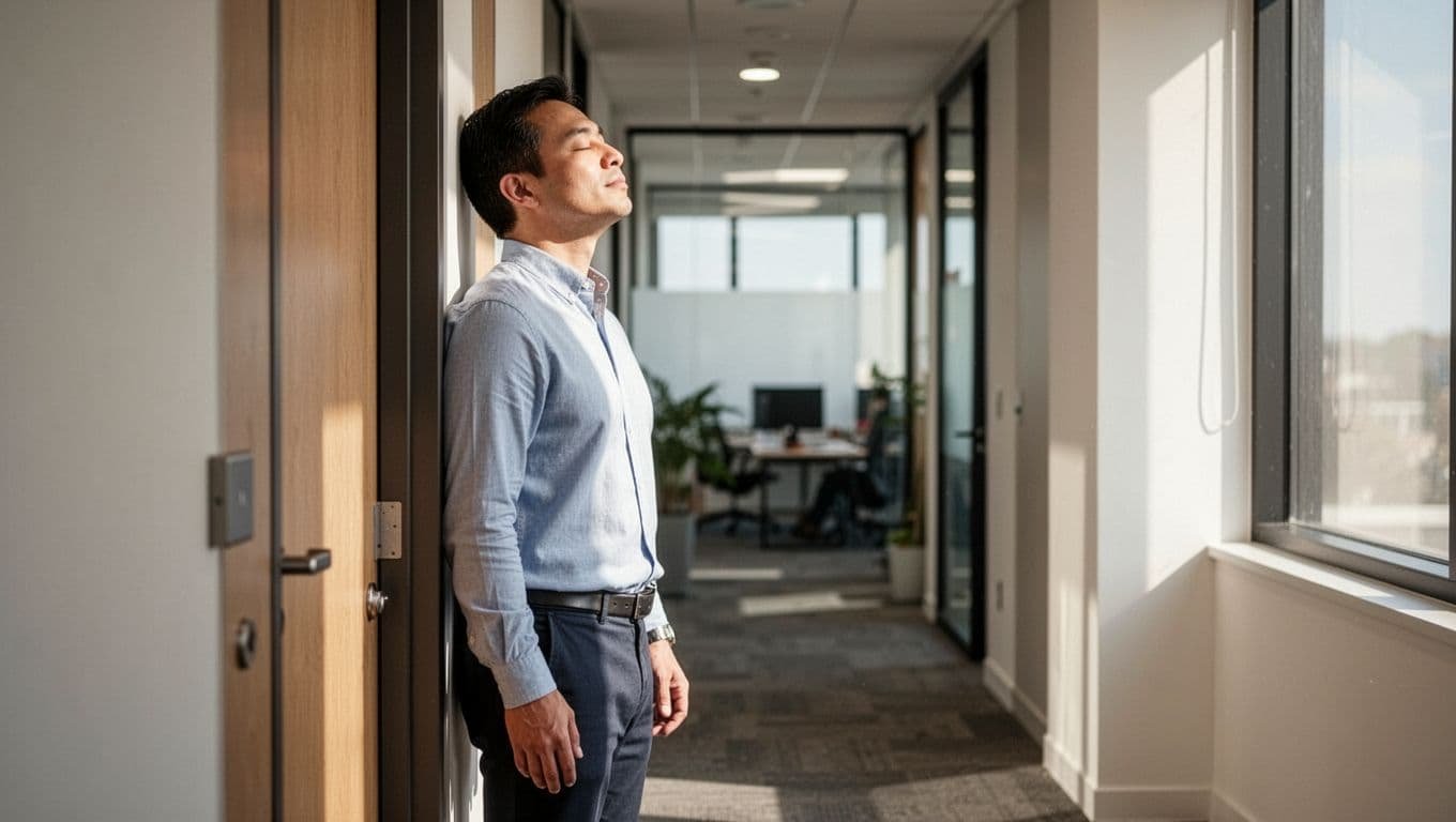 A single adult stands with back against a doorframe in a modern office hallway, eyes closed, hands relaxed by sides, deep breathing with calm expression for grounding exercise, illuminated by soft natural window light in realistic photography style.