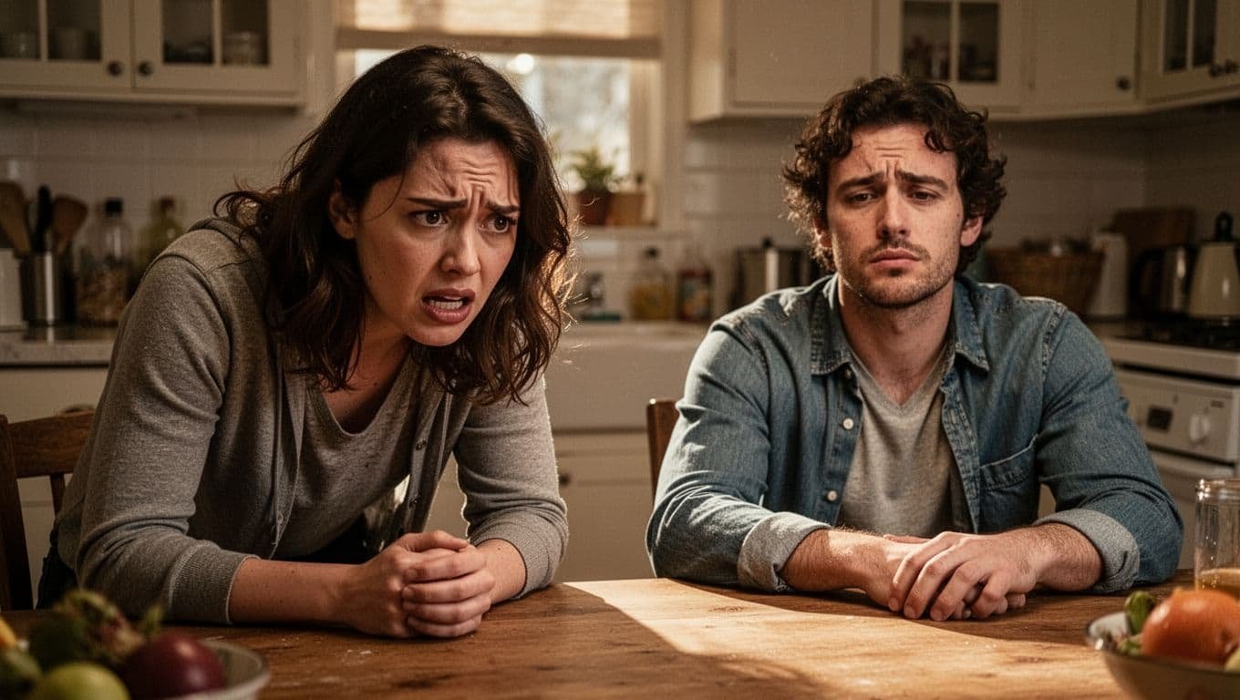 Close friends engaged in a one-sided conversation at a kitchen table, with one person appearing urgent and distressed while the other looks sidelined and tired, emphasizing emotional imbalance under warm kitchen lighting.
