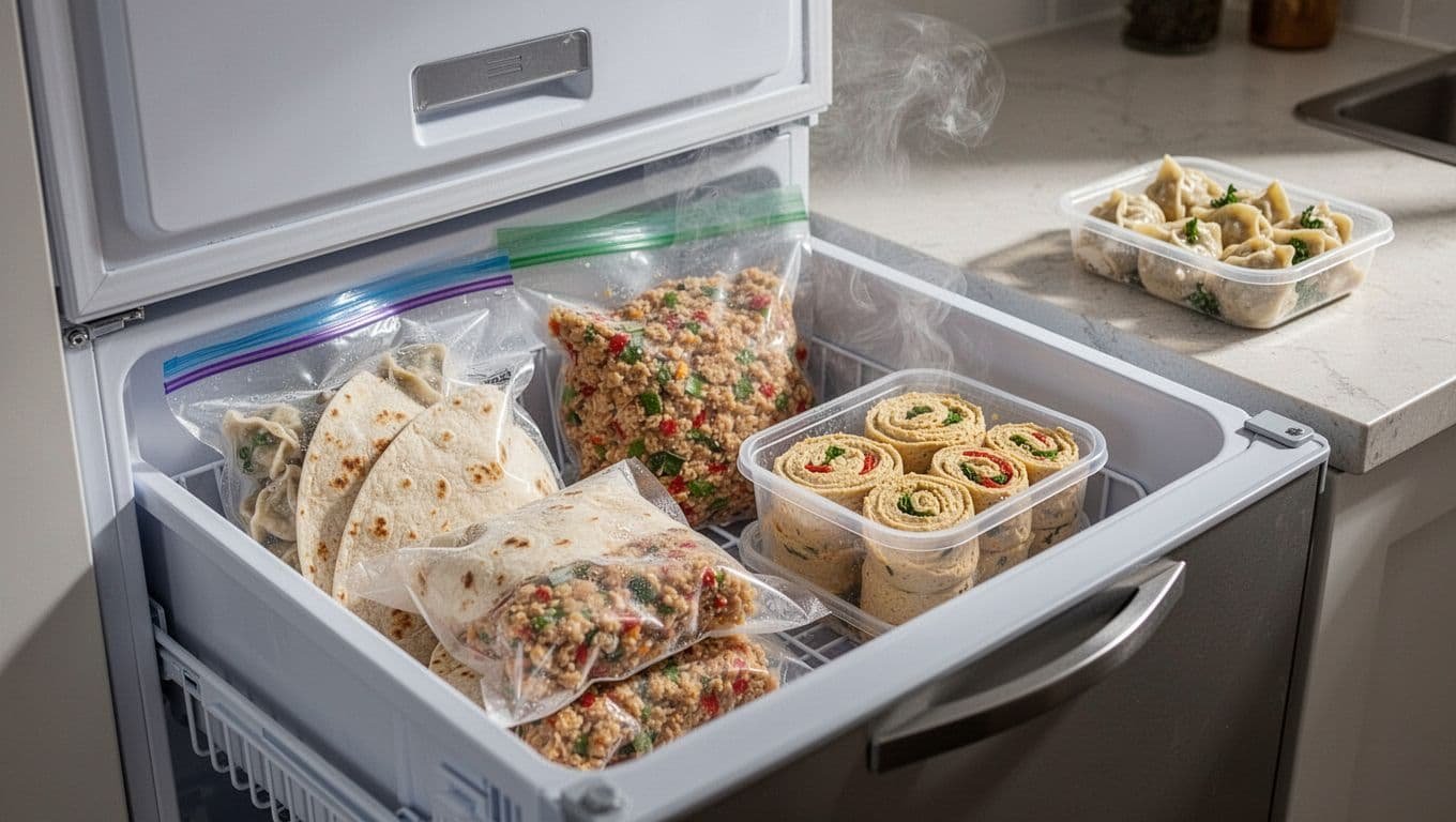 Open freezer drawer revealing labeled bags of frozen wraps, dumpling fillings, and hummus rolls in containers, with steam rising from thawed items on the nearby counter in a clean kitchen under soft lighting.