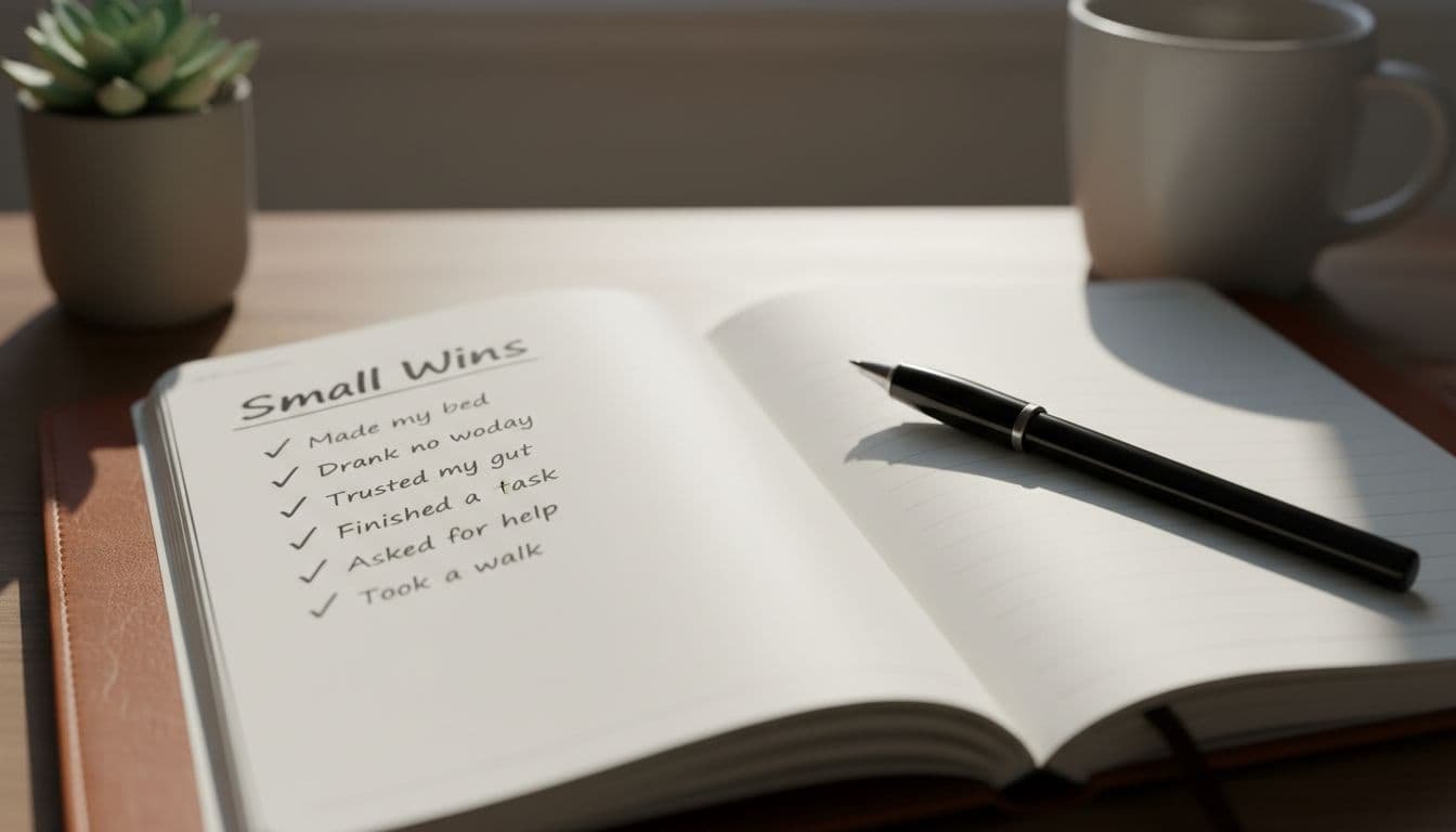 An open journal on a wooden desk under soft natural light displays checkmarks next to small wins like 'said no today' and 'trusted my gut', with a pen resting beside, in realistic style emphasizing progress tracking.