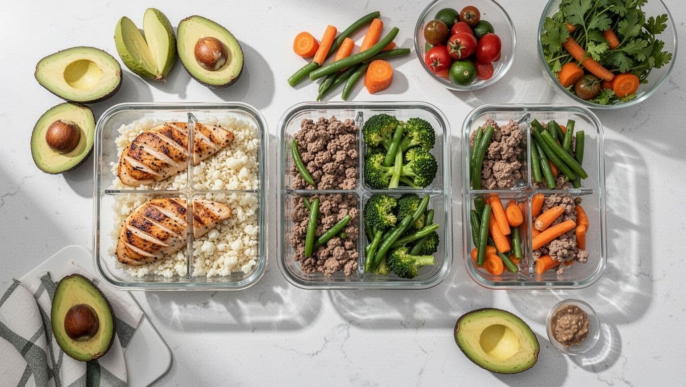 Organized meal prep setup on a spacious kitchen counter with clear glass containers holding divided high-protein low-carb bowls like grilled chicken over cauliflower rice and ground turkey with broccoli. Top-down composition in bright natural daylight, clean realistic style, appetizing and fresh, no text, logos, people, or hands visible.