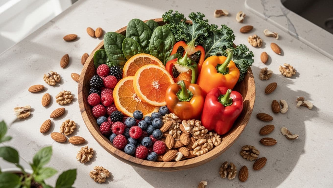 Close-up top-down view of a wooden bowl overflowing with mixed berries, sliced citrus, colorful bell peppers, leafy greens, and nuts on a sunlit kitchen table.