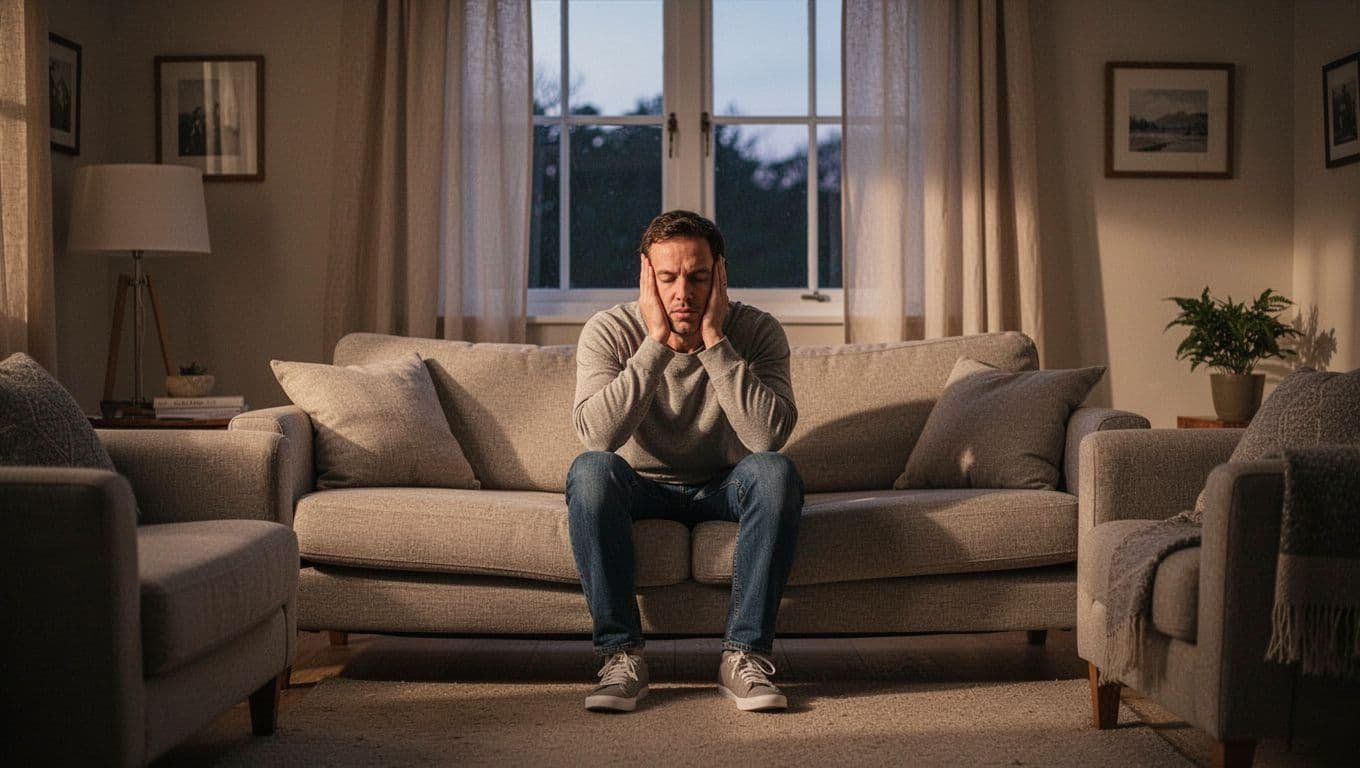 A lone individual sits on a cozy living room couch, head resting in hands with a blank stare at the floor, captured in realistic photo style under soft evening light, illustrating signs of emotional overwhelm.