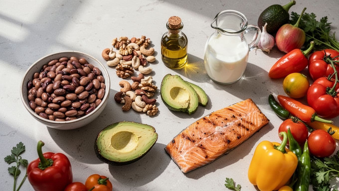 Top-down view of a vibrant kitchen table arranged with bowls of cooked beans, mixed nuts, sliced avocados, olive oil, whole milk, grilled salmon fillets, and colorful vegetables in sunlit natural lighting.