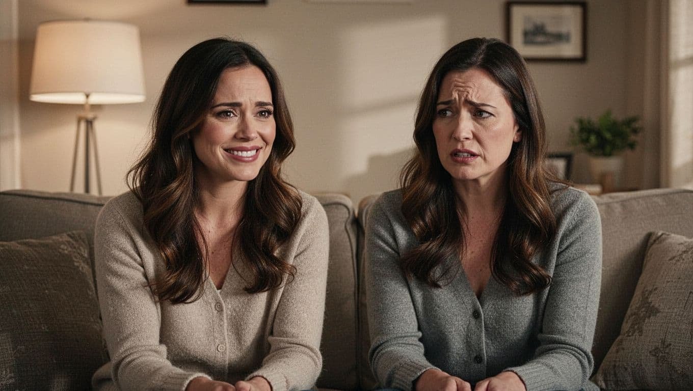 Two close female friends in a cozy living room, one giving a backhanded compliment with a fake smile while the other appears uncomfortable, highlighting subtle passive-aggressive tension under warm indoor lighting in a realistic photo style.