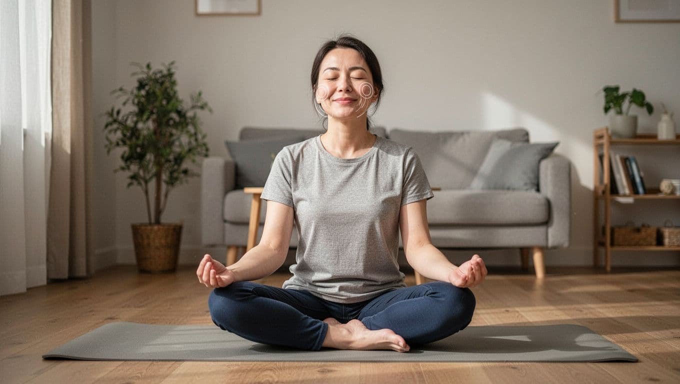 Person seated cross-legged on floor mat in quiet home, eyes closed with gentle smile, hands on knees.