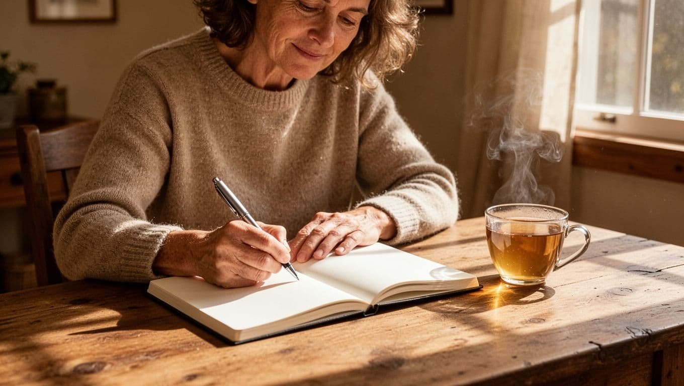 A single adult sits at a wooden desk in a cozy sunlit room, writing in an open blank journal with a pen in their right hand, displaying a relaxed focused expression, with a cup of tea nearby.