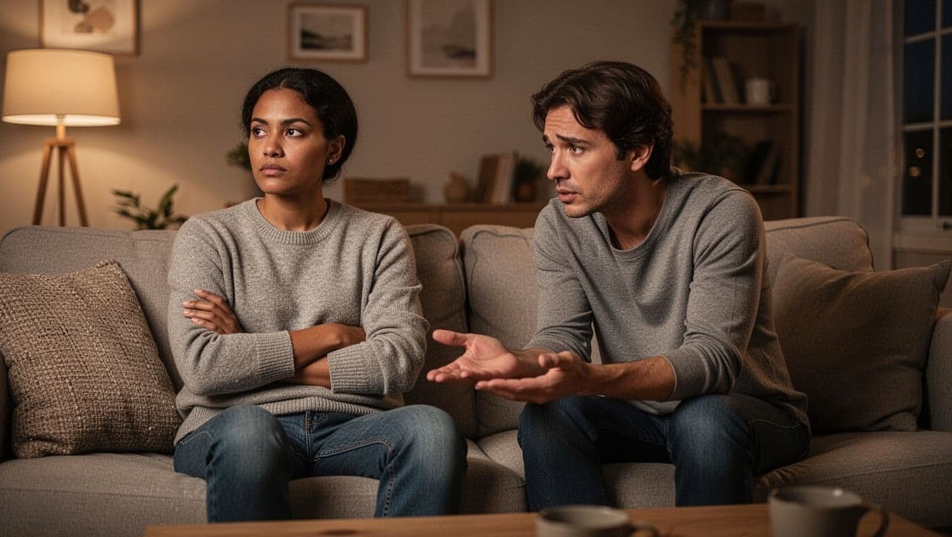Couple sits on couch in evening living room; one crosses arms pensively looking away, other reaches out concerned.