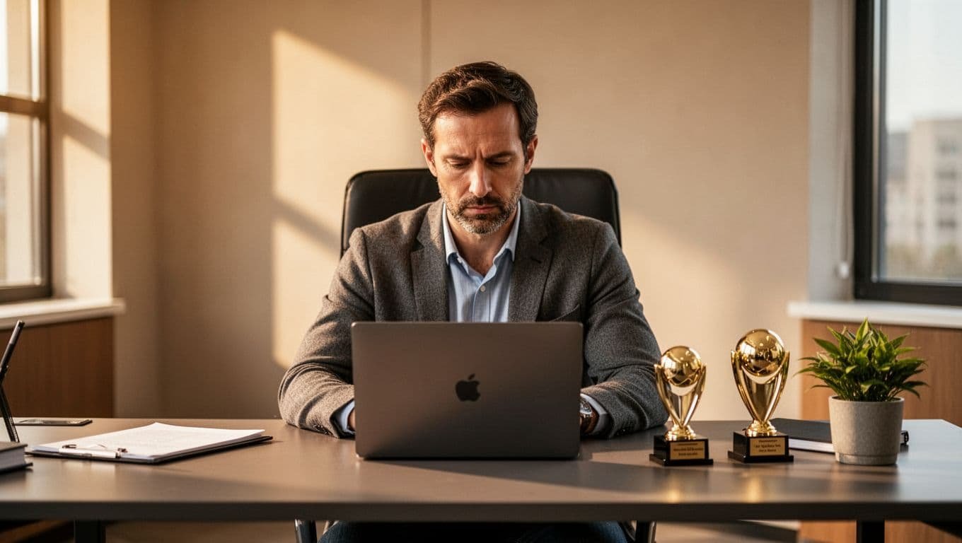 A professional adult in their 30s sits pensively at a desk in a warm-lit office, surrounded by success symbols like awards and a laptop, but with a sad, downward gaze conveying inner emptiness.