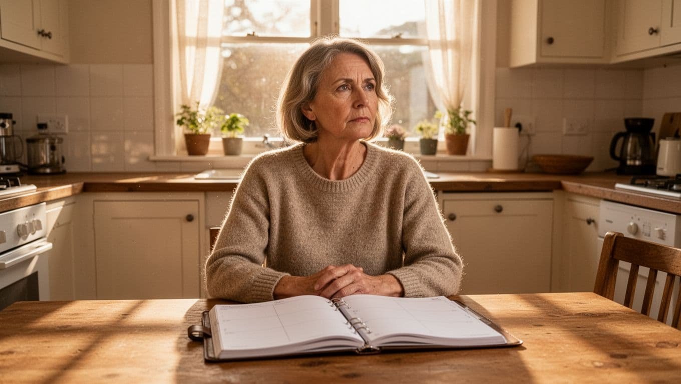 Middle-aged woman sits alone at kitchen table with open blank calendar, gazing distant toward sunlit window.