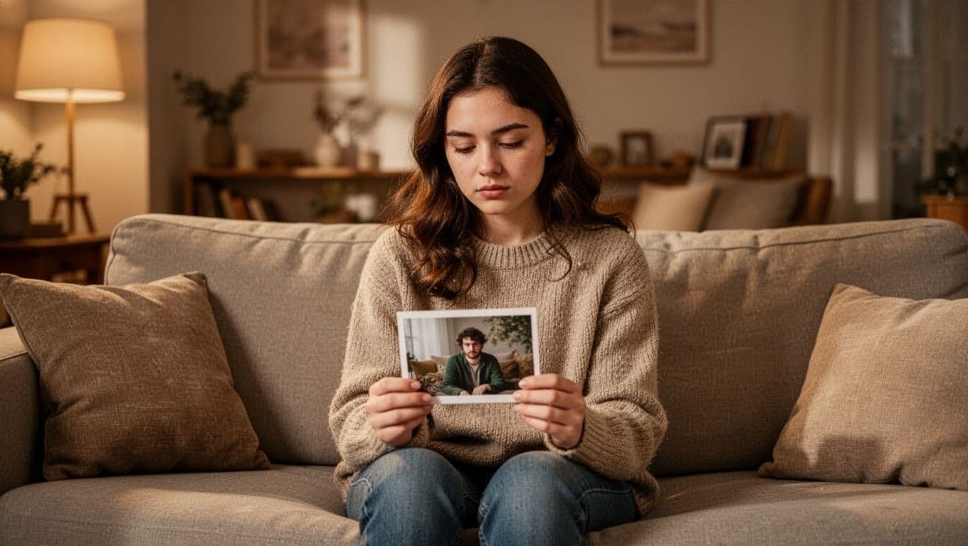 A young woman sits pensively on a cozy living room couch, holding a photo of her partner and gazing wistfully as she imagines him transformed with different traits like greater ambition or style, in warm lighting.
