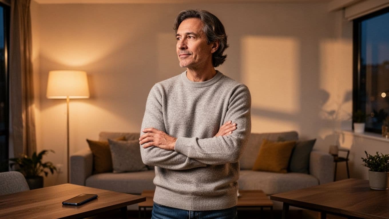 One person stands with arms crossed, looking thoughtfully away from a smartphone on a table, in a relaxed confident posture within a cozy modern living room bathed in soft warm evening light from a lamp.