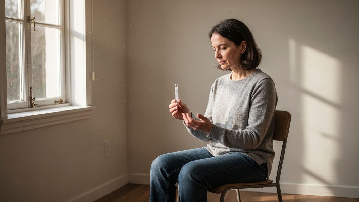 Person sits alone in quiet room holding small thermometer-like emotional gauge with calm expression, soft light from window.