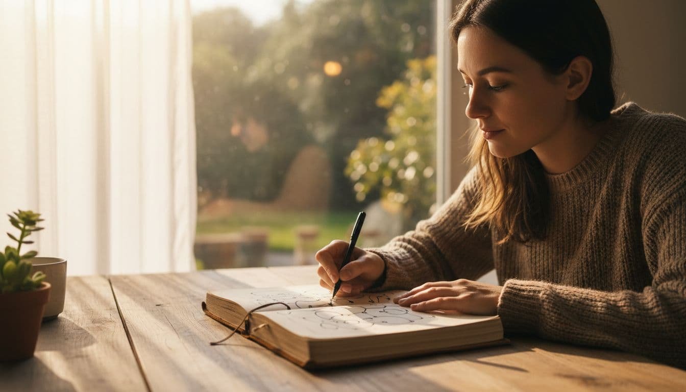 A single person sits calmly at a wooden table with an open journal, connecting abstract pattern dots with a pen amid warm afternoon light filtering through a window with sheer curtains, displaying a thoughtful yet compassionate expression.