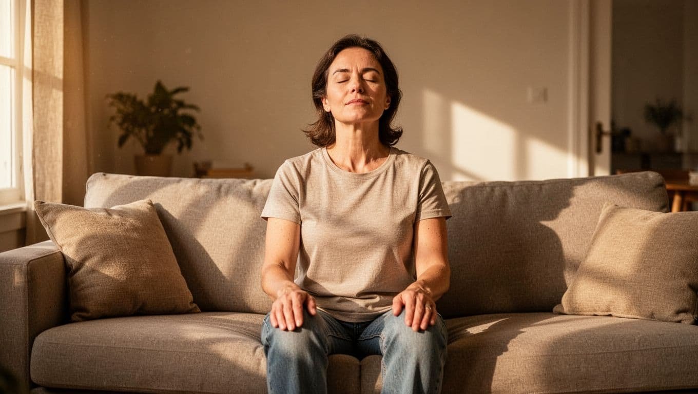 Person sitting on a living room couch with eyes closed taking deep breaths, hands relaxed on knees, calm facial expression in realistic photo style under soft warm indoor lighting from window.