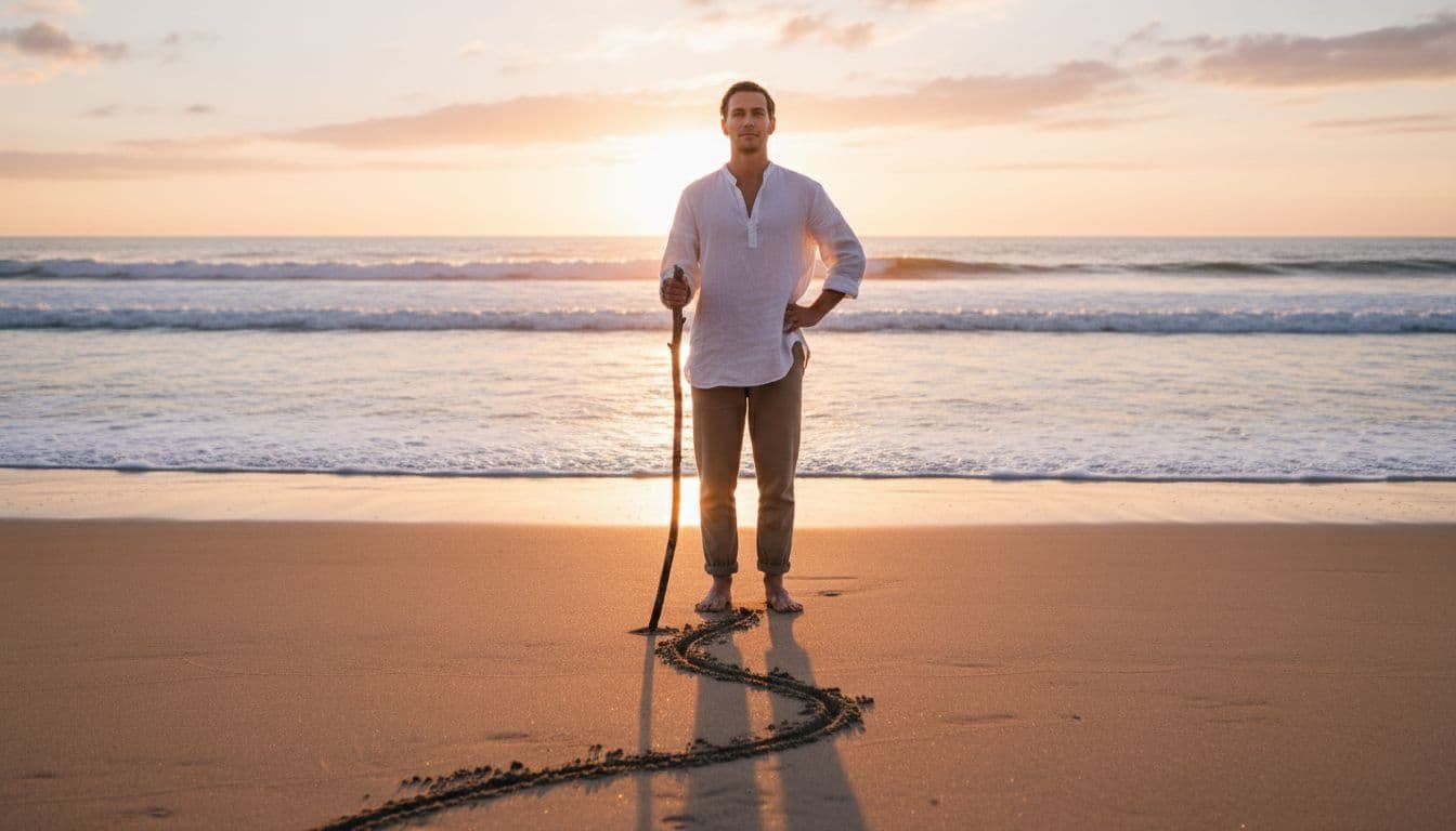 A single person stands confidently drawing a boundary line in the sand with a stick, ocean waves in the background, strong yet calm expression under golden hour lighting, symbolizing empowerment and boundary protection in recovery.